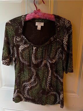 Retro Boho Indie LOFT Green & Brown Patterned Scoop Neck Top